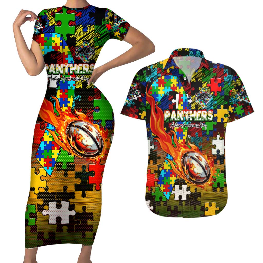Panthers Autism Awareness Couples Matching Short Sleeve Bodycon Dress and Hawaiian Shirt Puzzle Flames Rugby Ball