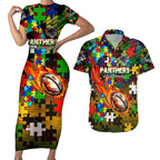 Panthers Autism Awareness Couples Matching Short Sleeve Bodycon Dress and Hawaiian Shirt Puzzle Flames Rugby Ball