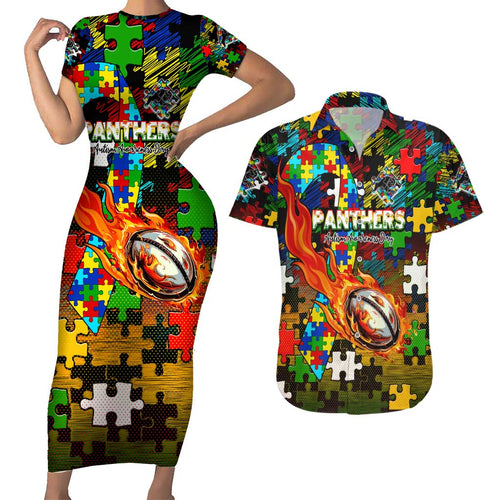 Panthers Autism Awareness Couples Matching Short Sleeve Bodycon Dress and Hawaiian Shirt Puzzle Flames Rugby Ball