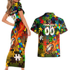 Panthers Autism Awareness Couples Matching Short Sleeve Bodycon Dress and Hawaiian Shirt Puzzle Flames Rugby Ball