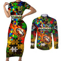 Panthers Autism Awareness Couples Matching Short Sleeve Bodycon Dress and Long Sleeve Button Shirt Puzzle Flames Rugby Ball