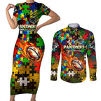 Panthers Autism Awareness Couples Matching Short Sleeve Bodycon Dress and Long Sleeve Button Shirt Puzzle Flames Rugby Ball