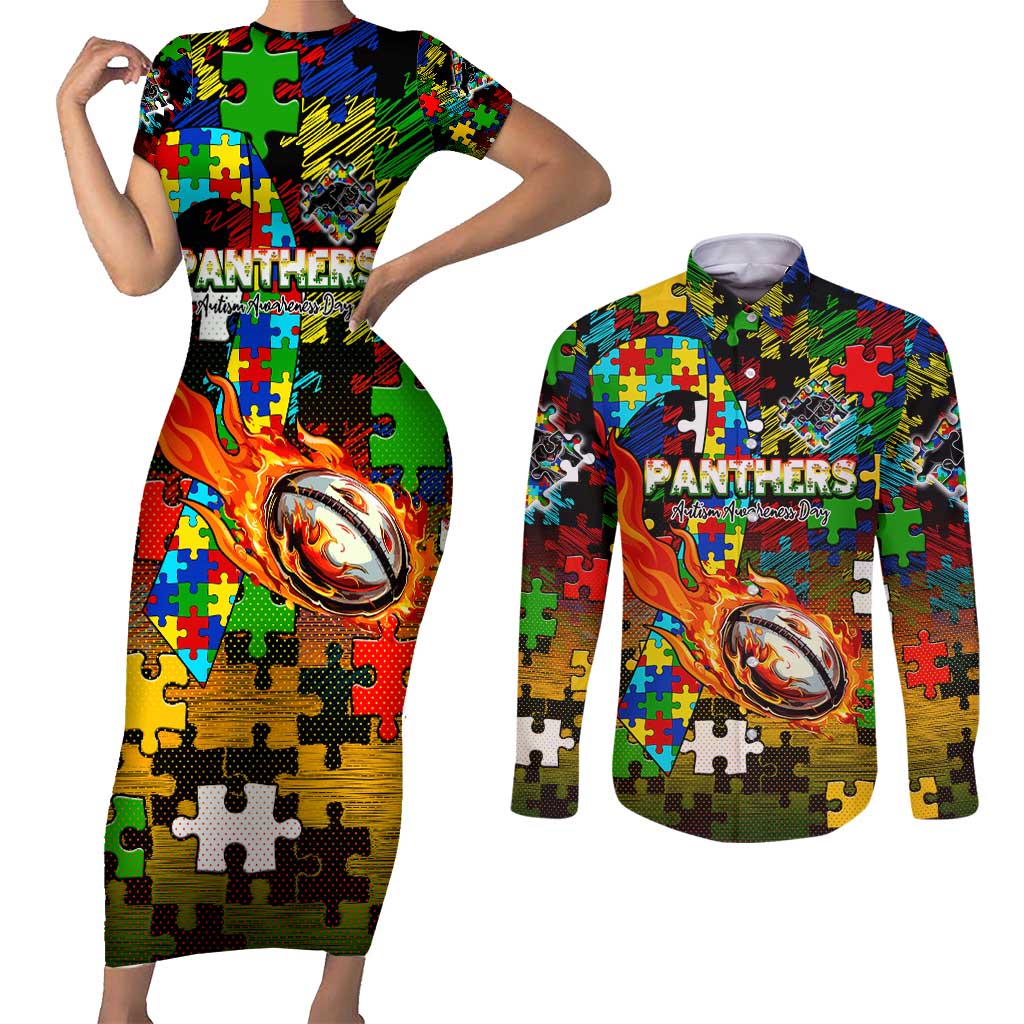 Panthers Autism Awareness Couples Matching Short Sleeve Bodycon Dress and Long Sleeve Button Shirt Puzzle Flames Rugby Ball