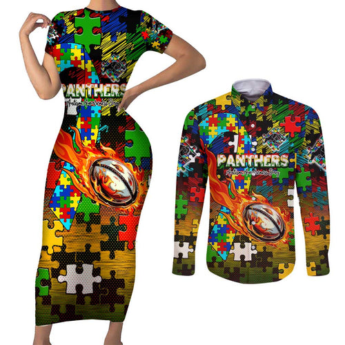 Panthers Autism Awareness Couples Matching Short Sleeve Bodycon Dress and Long Sleeve Button Shirt Puzzle Flames Rugby Ball