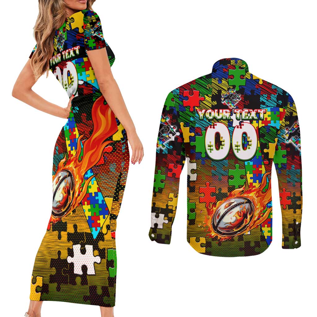 Panthers Autism Awareness Couples Matching Short Sleeve Bodycon Dress and Long Sleeve Button Shirt Puzzle Flames Rugby Ball