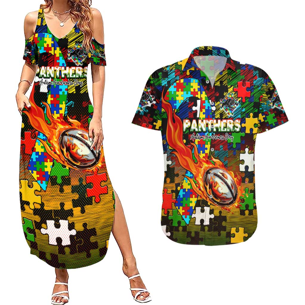 Panthers Autism Awareness Couples Matching Summer Maxi Dress and Hawaiian Shirt Puzzle Flames Rugby Ball