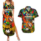 Panthers Autism Awareness Couples Matching Summer Maxi Dress and Hawaiian Shirt Puzzle Flames Rugby Ball