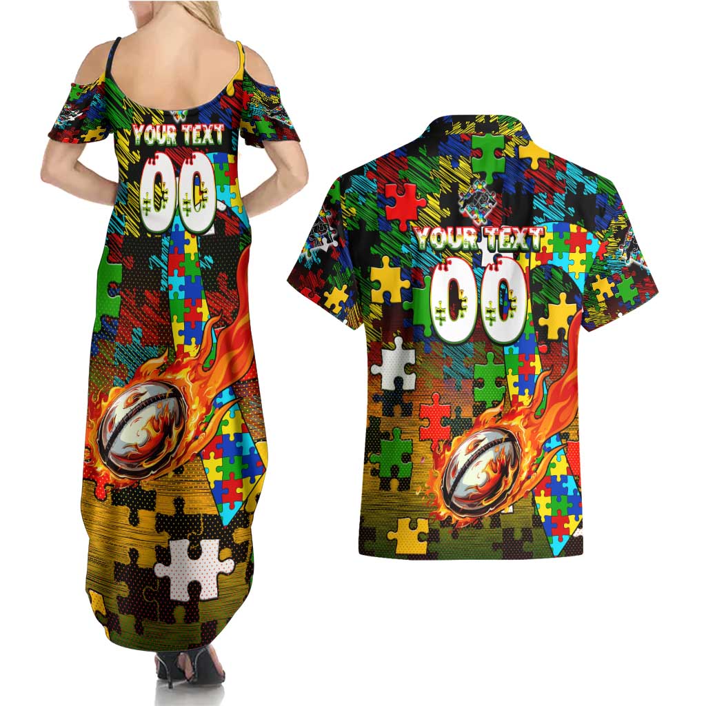 Panthers Autism Awareness Couples Matching Summer Maxi Dress and Hawaiian Shirt Puzzle Flames Rugby Ball
