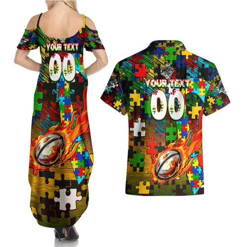 Panthers Autism Awareness Couples Matching Summer Maxi Dress and Hawaiian Shirt Puzzle Flames Rugby Ball