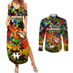 Panthers Autism Awareness Couples Matching Summer Maxi Dress and Long Sleeve Button Shirt Puzzle Flames Rugby Ball
