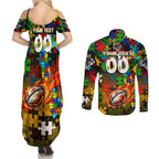 Panthers Autism Awareness Couples Matching Summer Maxi Dress and Long Sleeve Button Shirt Puzzle Flames Rugby Ball