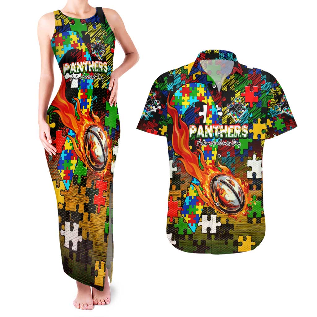 Panthers Autism Awareness Couples Matching Tank Maxi Dress and Hawaiian Shirt Puzzle Flames Rugby Ball