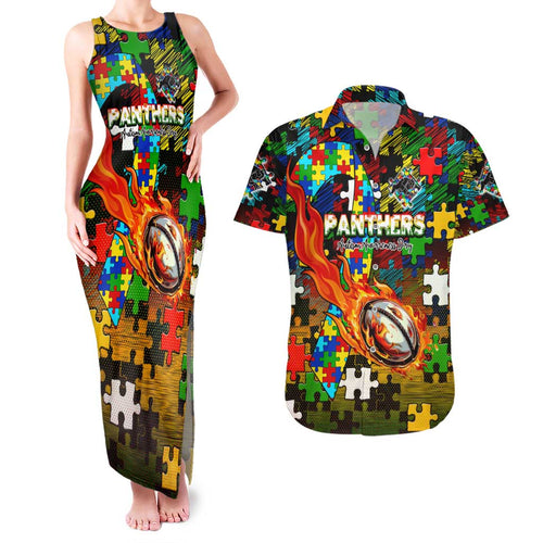 Panthers Autism Awareness Couples Matching Tank Maxi Dress and Hawaiian Shirt Puzzle Flames Rugby Ball