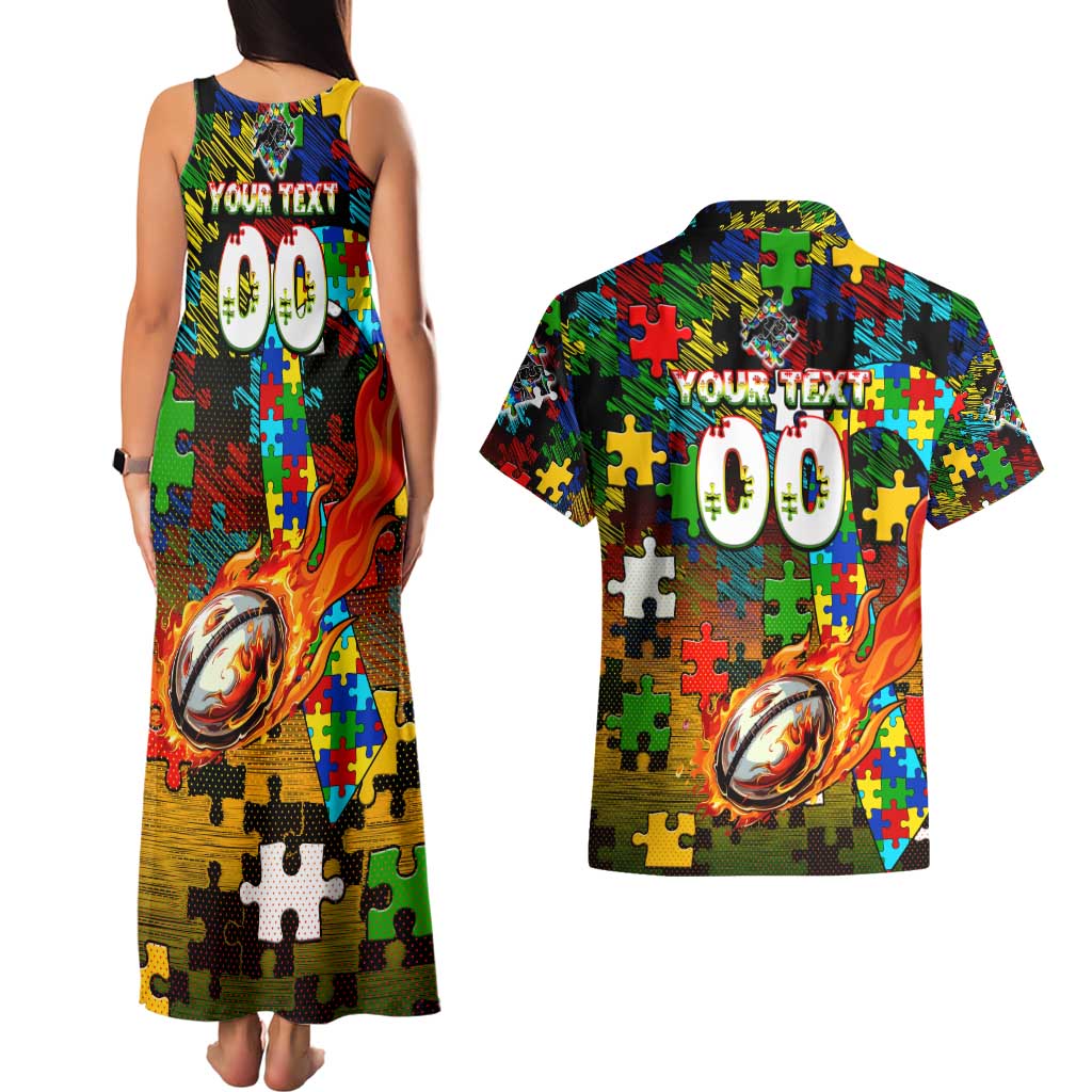 Panthers Autism Awareness Couples Matching Tank Maxi Dress and Hawaiian Shirt Puzzle Flames Rugby Ball