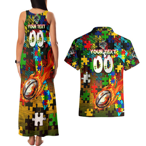 Panthers Autism Awareness Couples Matching Tank Maxi Dress and Hawaiian Shirt Puzzle Flames Rugby Ball