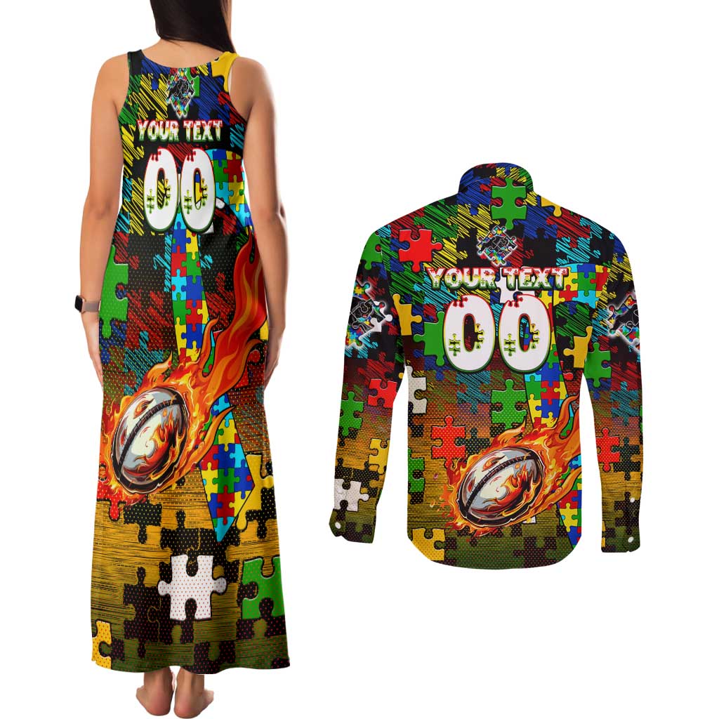 Panthers Autism Awareness Couples Matching Tank Maxi Dress and Long Sleeve Button Shirt Puzzle Flames Rugby Ball