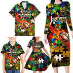 Panthers Autism Awareness Family Matching Long Sleeve Bodycon Dress and Hawaiian Shirt Puzzle Flames Rugby Ball