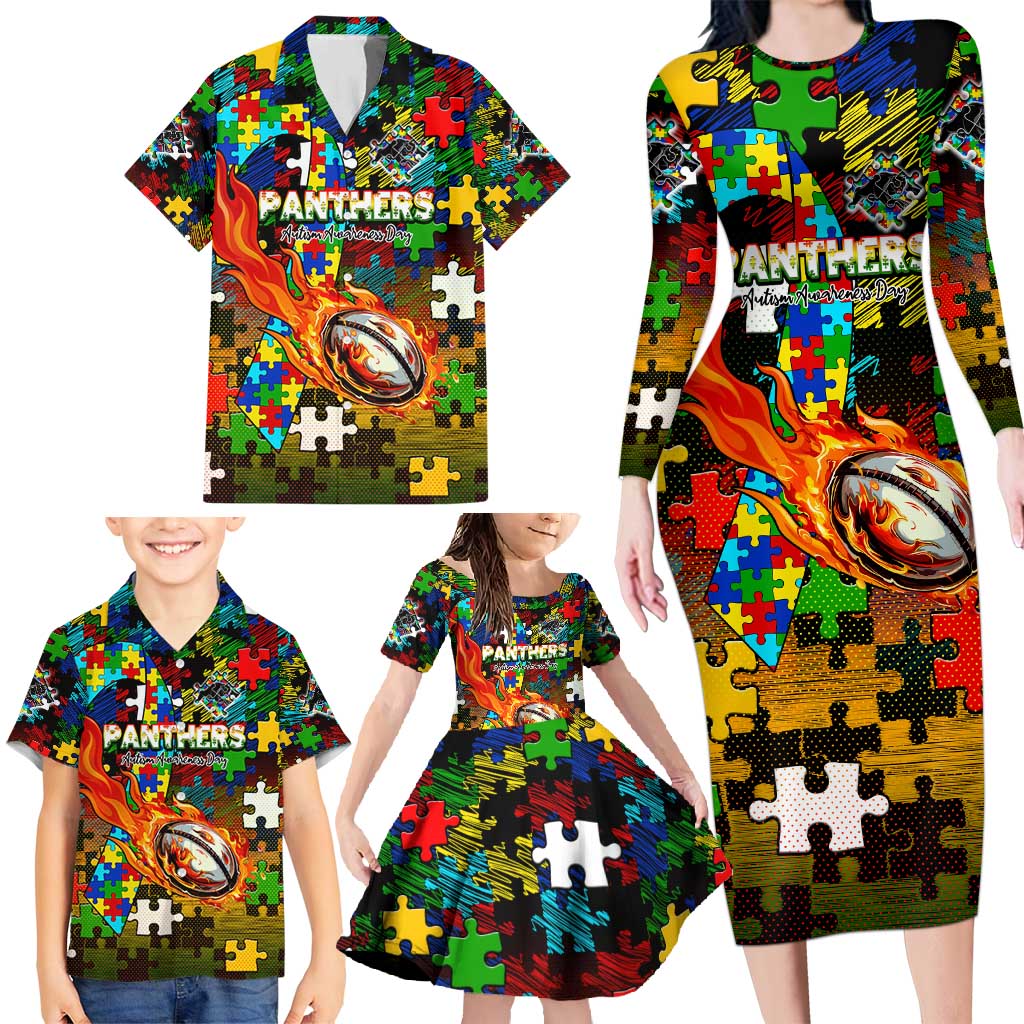 Panthers Autism Awareness Family Matching Long Sleeve Bodycon Dress and Hawaiian Shirt Puzzle Flames Rugby Ball