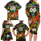 Panthers Autism Awareness Family Matching Long Sleeve Bodycon Dress and Hawaiian Shirt Puzzle Flames Rugby Ball