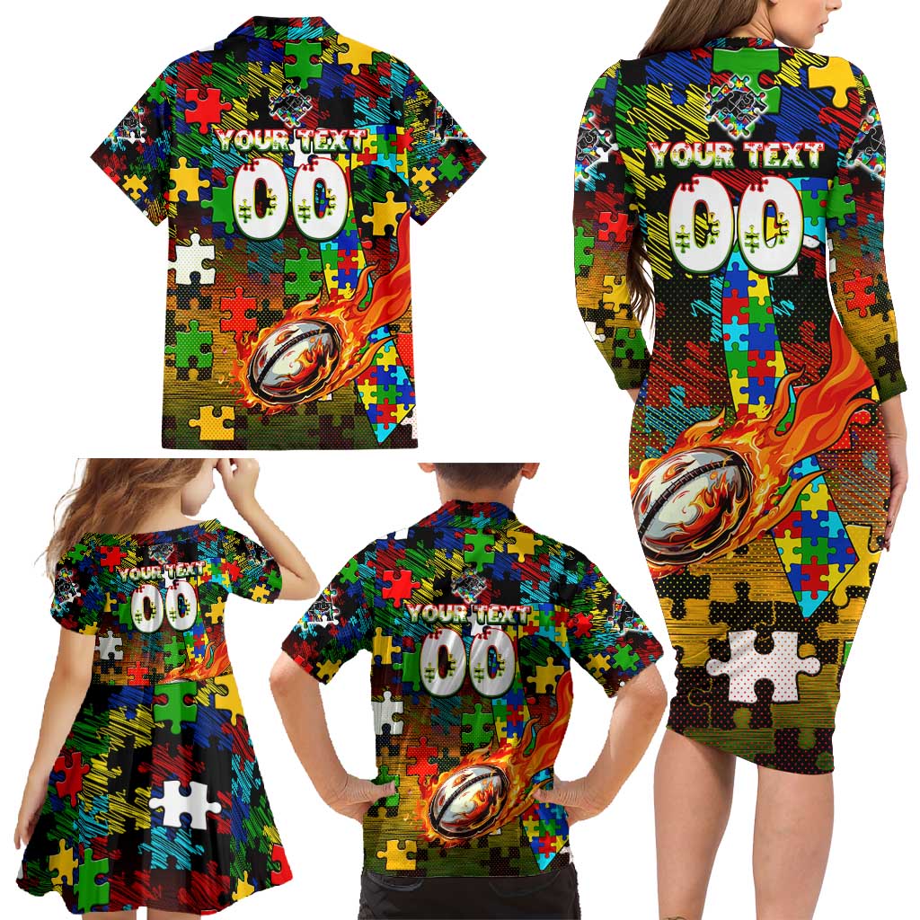 Panthers Autism Awareness Family Matching Long Sleeve Bodycon Dress and Hawaiian Shirt Puzzle Flames Rugby Ball