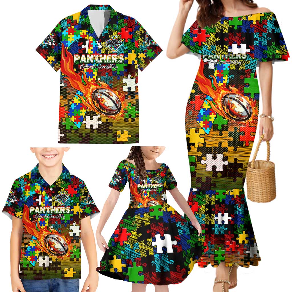 Panthers Autism Awareness Family Matching Mermaid Dress and Hawaiian Shirt Puzzle Flames Rugby Ball