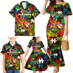 Panthers Autism Awareness Family Matching Mermaid Dress and Hawaiian Shirt Puzzle Flames Rugby Ball