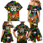 Panthers Autism Awareness Family Matching Mermaid Dress and Hawaiian Shirt Puzzle Flames Rugby Ball