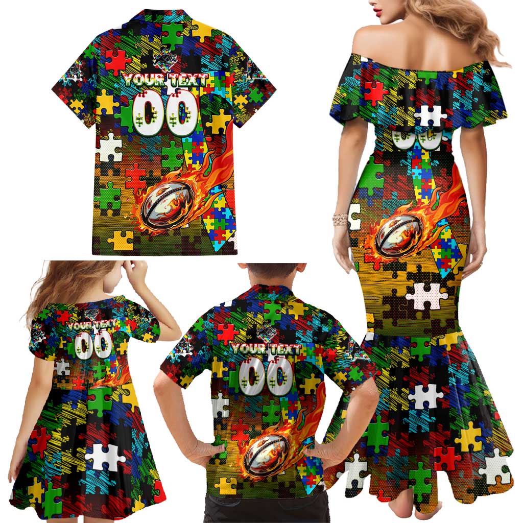 Panthers Autism Awareness Family Matching Mermaid Dress and Hawaiian Shirt Puzzle Flames Rugby Ball