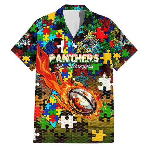 Panthers Autism Awareness Family Matching Mermaid Dress and Hawaiian Shirt Puzzle Flames Rugby Ball