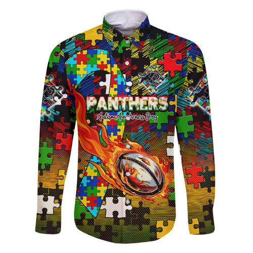 Panthers Autism Awareness Family Matching Mermaid Dress and Hawaiian Shirt Puzzle Flames Rugby Ball
