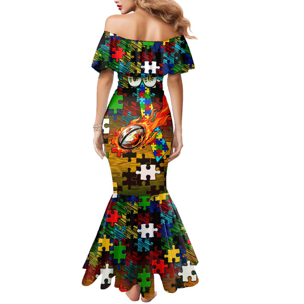 Panthers Autism Awareness Family Matching Mermaid Dress and Hawaiian Shirt Puzzle Flames Rugby Ball