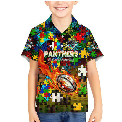 Panthers Autism Awareness Family Matching Mermaid Dress and Hawaiian Shirt Puzzle Flames Rugby Ball