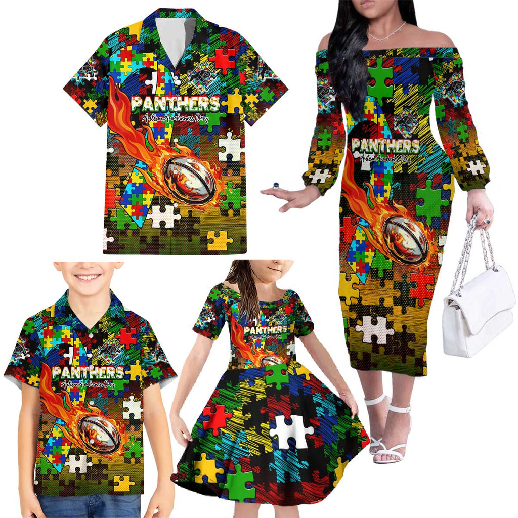 Panthers Autism Awareness Family Matching Off The Shoulder Long Sleeve Dress and Hawaiian Shirt Puzzle Flames Rugby Ball