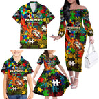 Panthers Autism Awareness Family Matching Off The Shoulder Long Sleeve Dress and Hawaiian Shirt Puzzle Flames Rugby Ball
