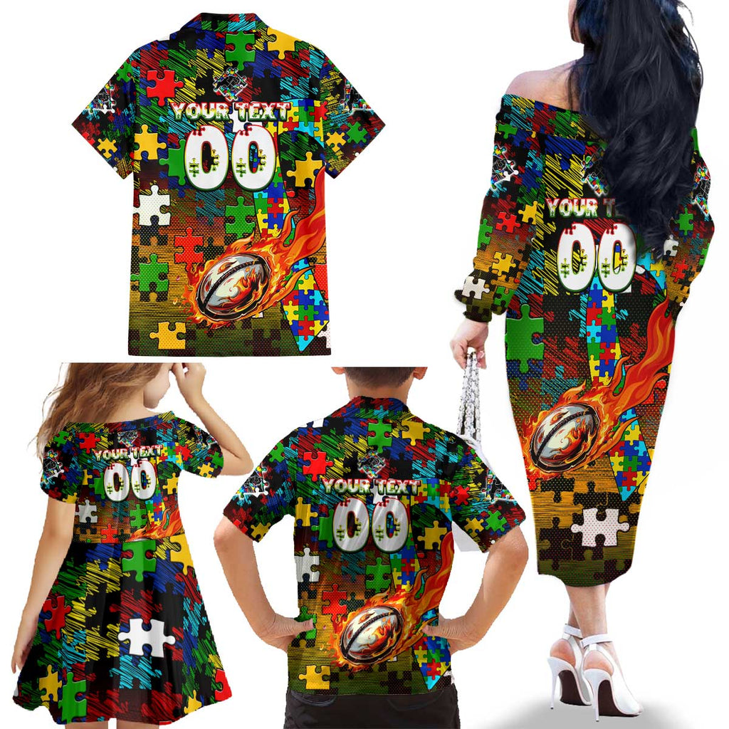 Panthers Autism Awareness Family Matching Off The Shoulder Long Sleeve Dress and Hawaiian Shirt Puzzle Flames Rugby Ball