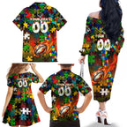 Panthers Autism Awareness Family Matching Off The Shoulder Long Sleeve Dress and Hawaiian Shirt Puzzle Flames Rugby Ball