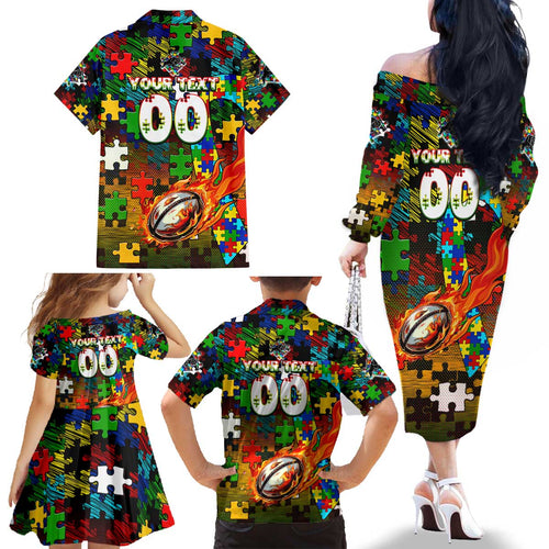 Panthers Autism Awareness Family Matching Off The Shoulder Long Sleeve Dress and Hawaiian Shirt Puzzle Flames Rugby Ball