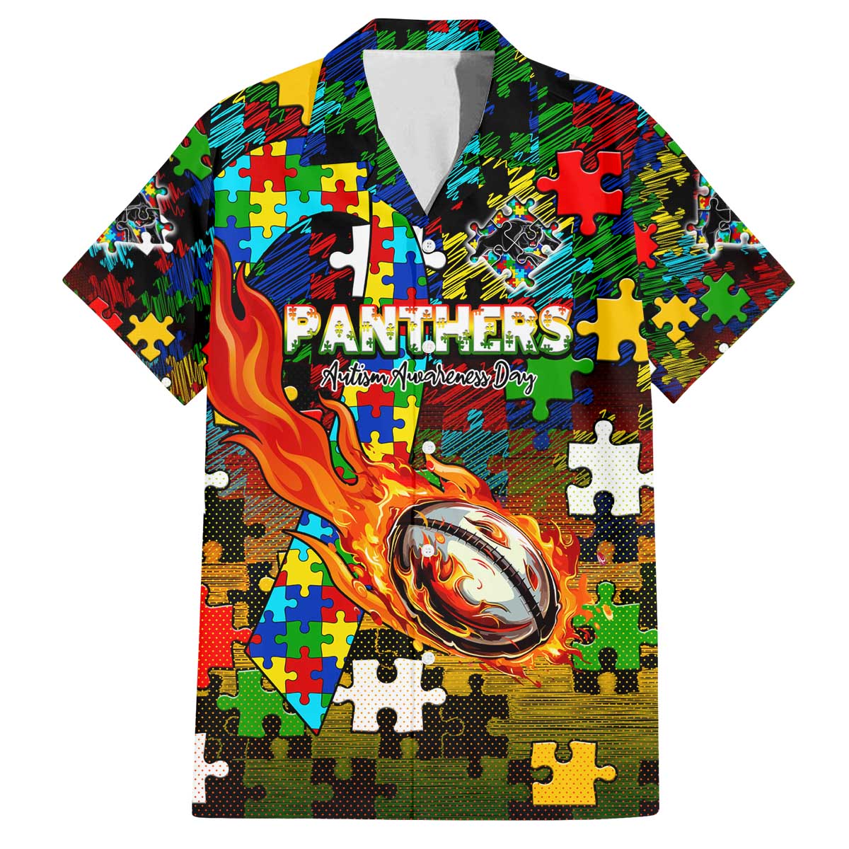Panthers Autism Awareness Family Matching Off The Shoulder Long Sleeve Dress and Hawaiian Shirt Puzzle Flames Rugby Ball