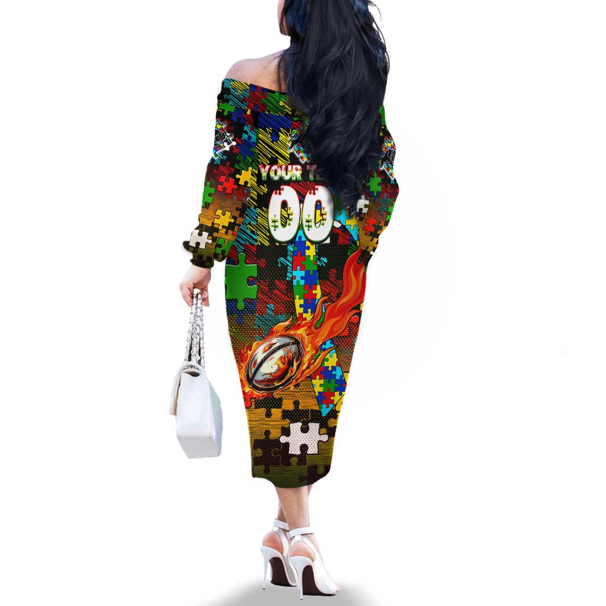 Panthers Autism Awareness Family Matching Off The Shoulder Long Sleeve Dress and Hawaiian Shirt Puzzle Flames Rugby Ball