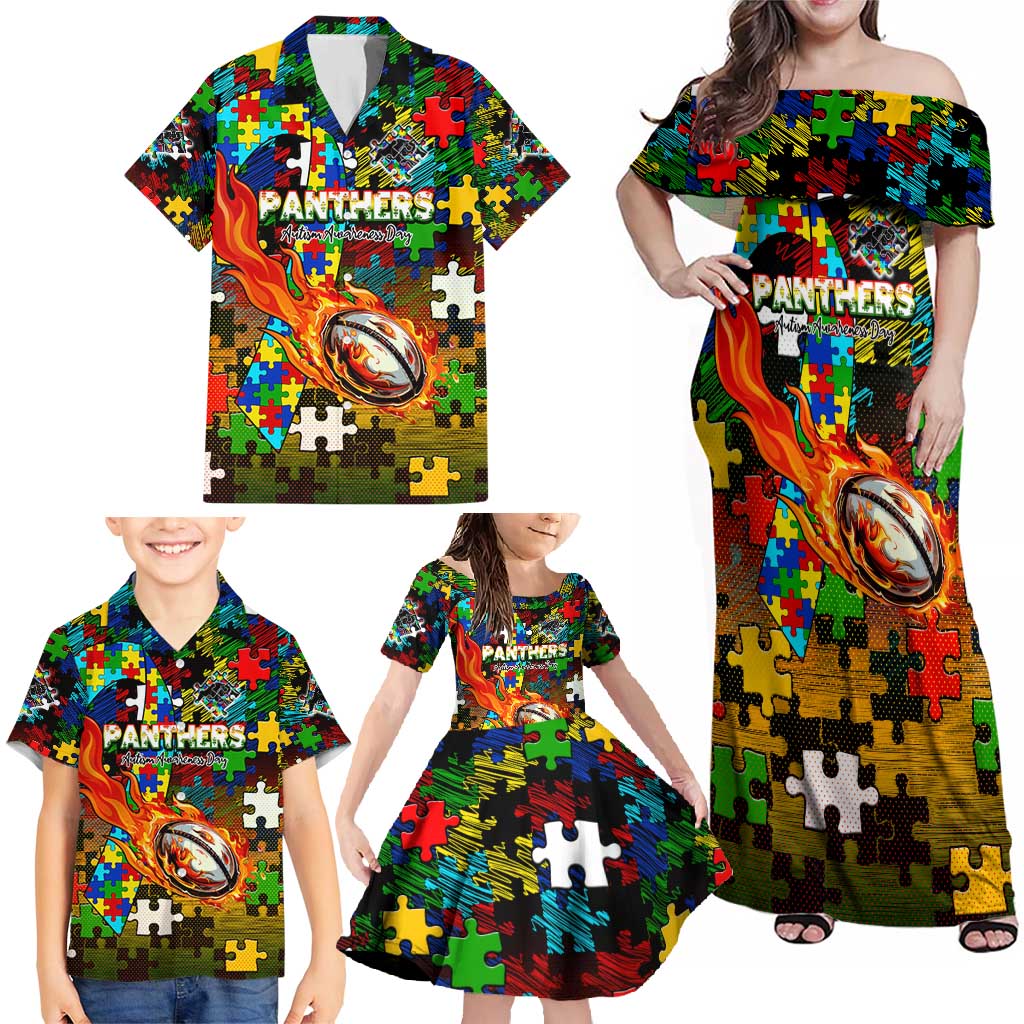 Panthers Autism Awareness Family Matching Off Shoulder Maxi Dress and Hawaiian Shirt Puzzle Flames Rugby Ball