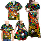Panthers Autism Awareness Family Matching Off Shoulder Maxi Dress and Hawaiian Shirt Puzzle Flames Rugby Ball