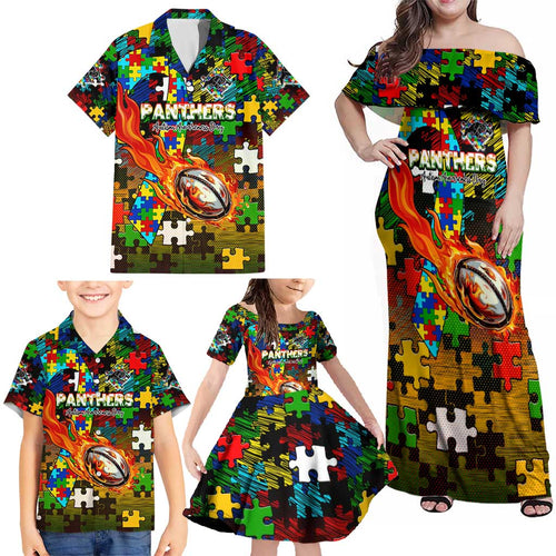 Panthers Autism Awareness Family Matching Off Shoulder Maxi Dress and Hawaiian Shirt Puzzle Flames Rugby Ball
