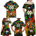 Panthers Autism Awareness Family Matching Off Shoulder Maxi Dress and Hawaiian Shirt Puzzle Flames Rugby Ball