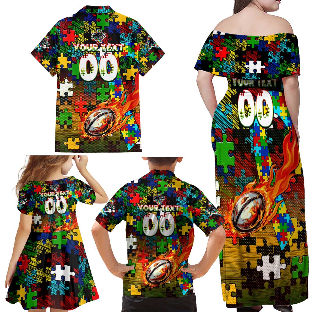 Panthers Autism Awareness Family Matching Off Shoulder Maxi Dress and Hawaiian Shirt Puzzle Flames Rugby Ball