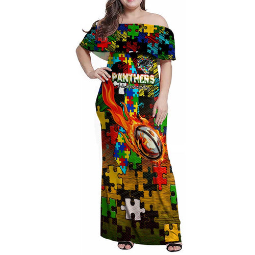 Panthers Autism Awareness Family Matching Off Shoulder Maxi Dress and Hawaiian Shirt Puzzle Flames Rugby Ball