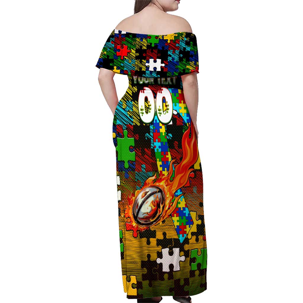Panthers Autism Awareness Family Matching Off Shoulder Maxi Dress and Hawaiian Shirt Puzzle Flames Rugby Ball