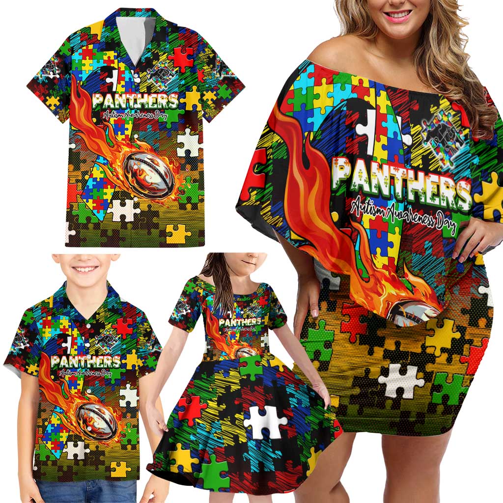 Panthers Autism Awareness Family Matching Off Shoulder Short Dress and Hawaiian Shirt Puzzle Flames Rugby Ball