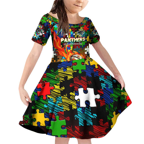 Panthers Autism Awareness Family Matching Off Shoulder Short Dress and Hawaiian Shirt Puzzle Flames Rugby Ball