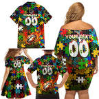 Panthers Autism Awareness Family Matching Off Shoulder Short Dress and Hawaiian Shirt Puzzle Flames Rugby Ball