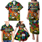 Panthers Autism Awareness Family Matching Puletasi and Hawaiian Shirt Puzzle Flames Rugby Ball